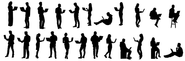 Obraz premium People Using Laptops Silhouettes Vector Collection. Collection of people silhouettes using laptops in different standing and sitting poses. Men and women working, studying and communicating online. 