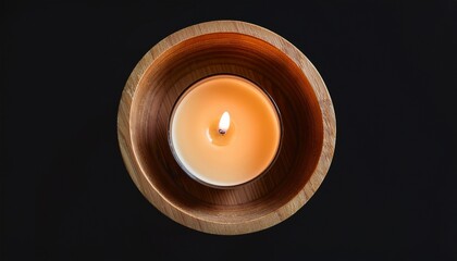 top down view of a lit candle nestled within a detailed circular wooden container on black