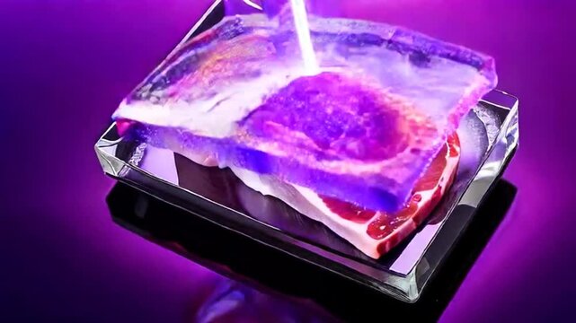Premium Raw Meat on Glass Display Tray With Purple Neon Lighting