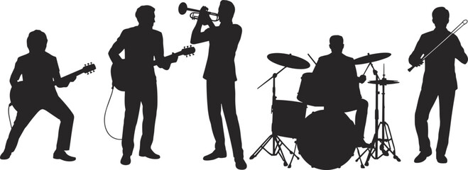 Black silhouettes of a professional music band including guitarists a trumpet player and a drummer performing together isolated on a white background for concert posters © Parimal