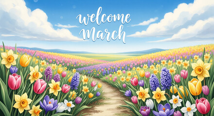 Colorful spring flowers welcome March in vibrant blooming field under blue sky