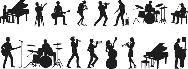 Large collection of black musical performer silhouettes playing various instruments including piano drums guitar and trumpet isolated on a white background for concert posters © Parimal