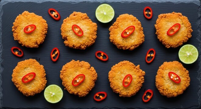 Crispy fried fish patties garnished with red chili slices and lime on black slate