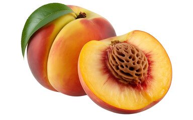 Whole and Half Peach with Leaf &ndash; Black and White Botanical
