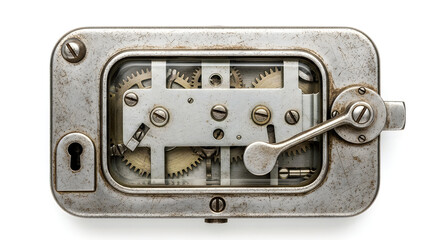 vintage industrial lock mechanism with exposed gears and internal parts on white