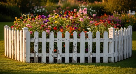 Fototapeta premium Colorful wildflower garden enclosed by white picket fence in sunlit green field with vibrant blossoms