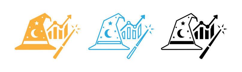 Magic wizard hat icon collection. Includes witch hat, wizard hat, and magic hat symbols. Created in minimalist style with colorful palette. © mstkabita