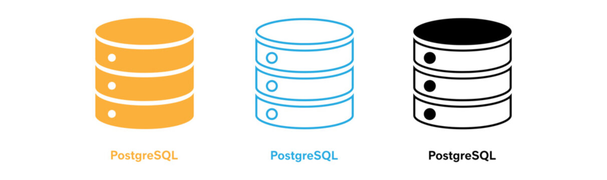PostgreSQL database icon set. Includes database, storage, and SQL symbols. Created in vector style with orange, blue, and black color palette.
