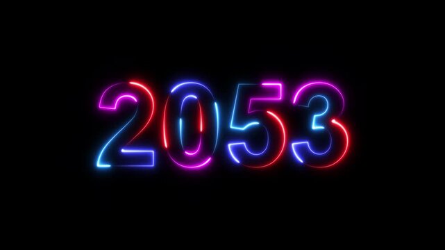 2053 neon line text. Happy new year 2053 neon line text animation. Glowing four color light numbers on dark background 4k. 2053 neon glow text animation background.