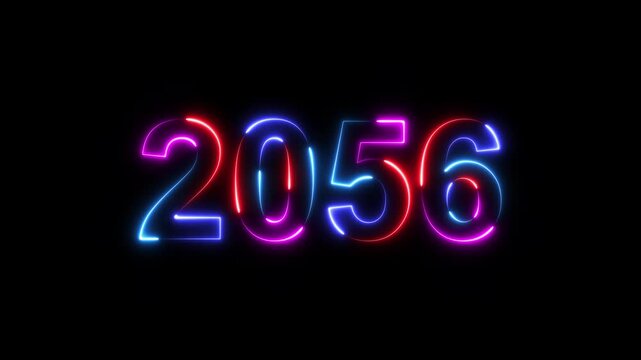 2056 neon line text. Happy new year 2056 neon line text animation. Glowing four color light numbers on dark background 4k. 2056 neon glow text animation background.