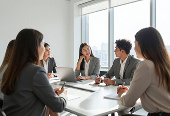 Fototapeta premium youthful professionals huddled around sleek conference table bright minimalist office space bathed warm sunlight