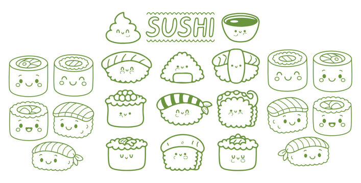 Collection of cute kawaii style sushi icons featuring various delicious maki rolls nigiri and decorative elements for graphic design projects