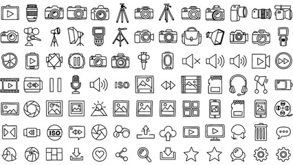 A comprehensive set of line icons for photography, videography, and media applications, featuring cameras, tripods, flashes, lenses, playback controls, settings, and storage.
