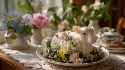 Fototapeta premium Traditional easter lamb shaped cake decorated with pastel colors and edible flowers on a charming dessert table. Delicate lighting brings out the sweetness and celebration of spring festivities.