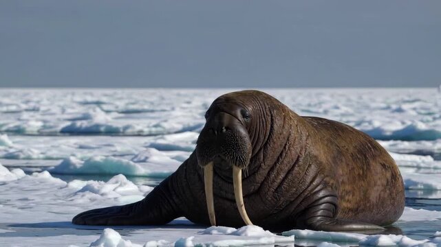 A massive walrus with prominent tusks lies on a frozen landscape, symbolizing abstract ideas of endurance, weight, and survival in extreme environments. This 3D render emphasizes the raw, heavy presen