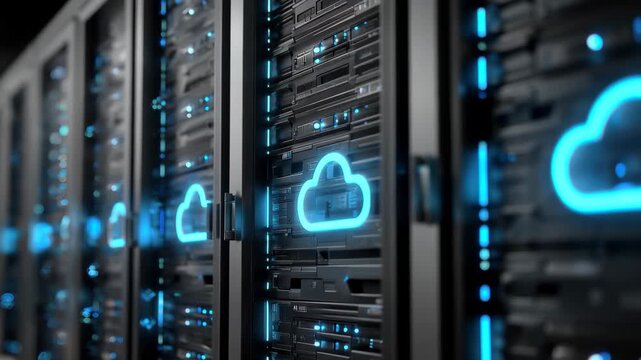 Closeup view of server racks featuring bright blue cloud symbols in a modern data center environment