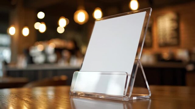 Blank Table Tent at cafe: An eye-level shot captures a pristine clear acrylic table tent standing on a wooden surface within a cafe setting.