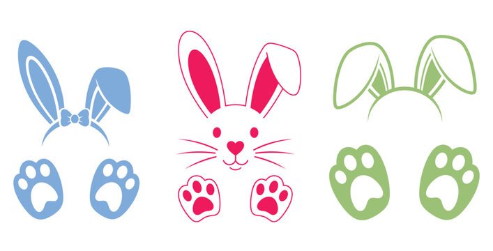 Collection of cute stylized rabbit ear headbands bunny face graphics and adorable paw print icons perfect for easter celebrations and spring designs