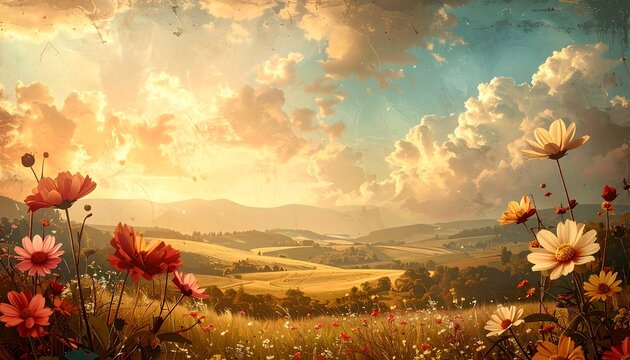 Vivid sunrise over rolling hills and meadows, wildflowers in foreground. Golden hour