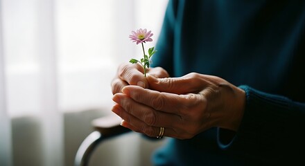 Elderly Hands Gently Holding a Delicate Flower with Care.