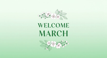 Obraz premium Welcome March spring floral banner with pastel green background and pink blossoms