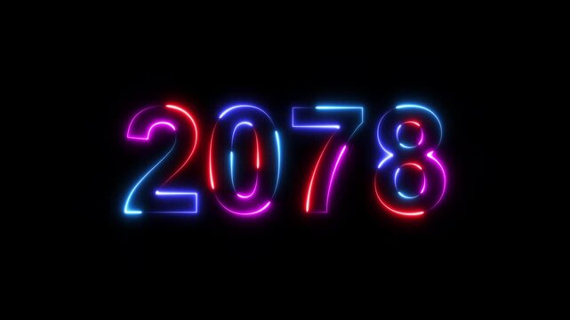 2078 neon line text. Happy new year 2078 neon line text animation. Glowing four color light numbers on dark background 4k. 2078 neon glow text animation background.