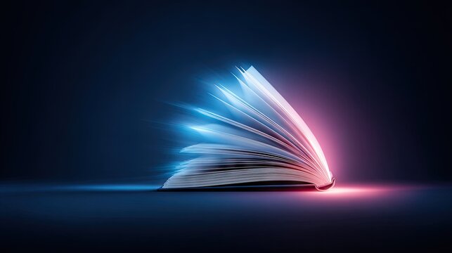 Illuminated pages of an open publication emanate vibrant light against a dark background