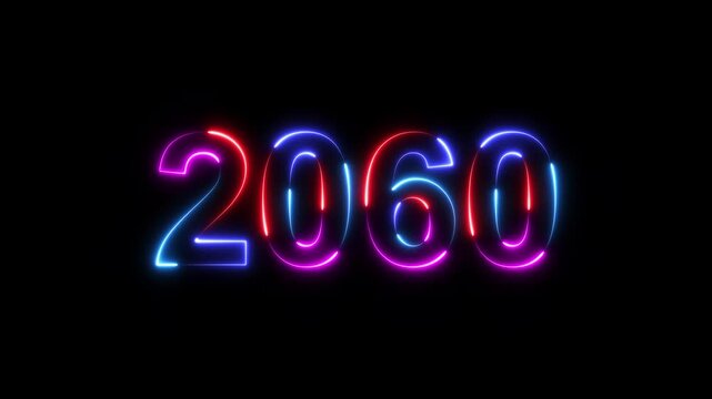 2060 neon line text. Happy new year 2060 neon line text animation. Glowing four color light numbers on dark background 4k. 2060 neon glow text animation background.