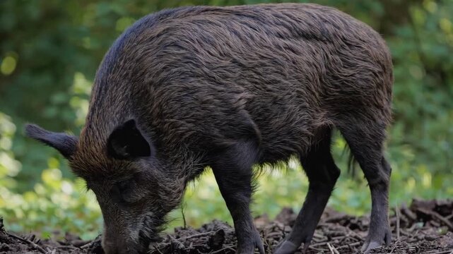 A large wild boar searches for food on the snowy ground among pine trees. This realistic 3D animation depicts a winter wildlife scene in a coniferous forest.