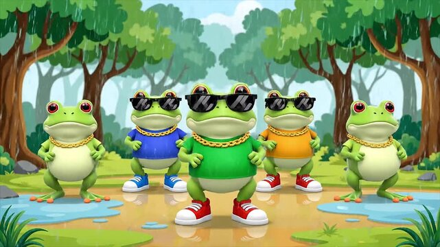 A vibrant cartoon scene featuring five stylish frogs wearing sunglasses, striking a cool pose and ready to dance in a lush, rainy forest setting, perfect for an energetic and fun amphibian performance