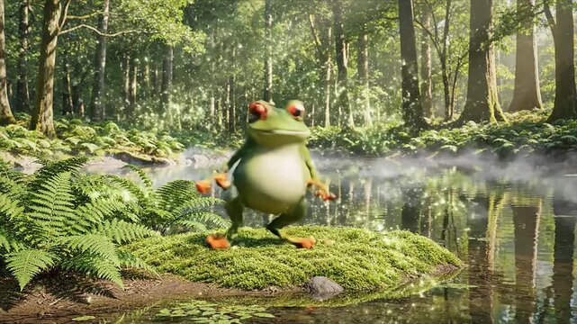 A cartoon frog begins to dance on a mossy forest bank beside a serene pond.