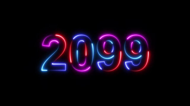 2099 neon line text. Happy new year 2099 neon line text animation. Glowing four color light numbers on dark background 4k. 2099 neon glow text animation background.