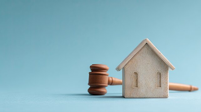 Wooden miniature dwelling and wooden striking tool rest on a light blue surface.