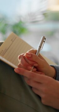 Woman, hands or journalist writing with book for story, schedule planning or reminder in home. Closeup, female person or writer taking notes with pen in notebook for article, ideas or agenda in house
