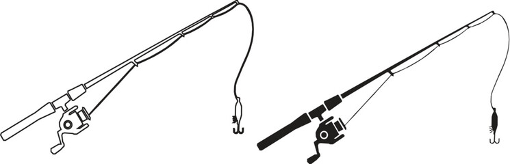 Fishing rod Silhouette & line icon set. Outline fishing rod symbol collection. Angler and angling fisherman equipment. © Zuhaib