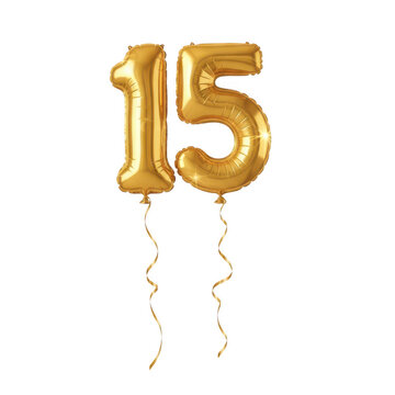 Golden number 15 balloons with ribbons isolated on transparent background