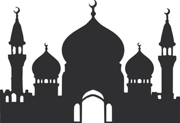 A dark silhouette of a mosque with domes and minarets against a black background, creating a minimal and elegant architectural design. © Baby AI