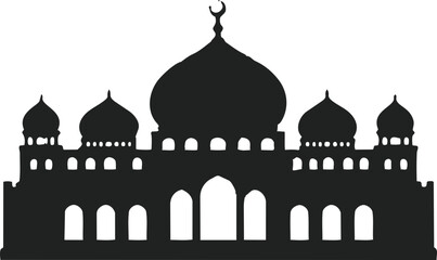 A dark silhouette of a grand mosque with multiple domes and arches against , forming a minimal Islamic architectural design. © Baby AI
