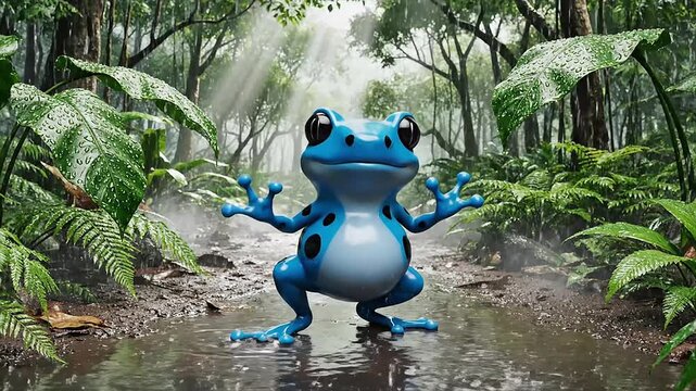 A vibrant blue cartoon frog joyfully performs an animated dance in a lush, rain-drenched jungle. This whimsical amphibian brings playful energy to the forest