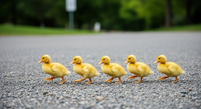 Adorable line of five fluffy ducklings crossing gray pavement with blurred green background