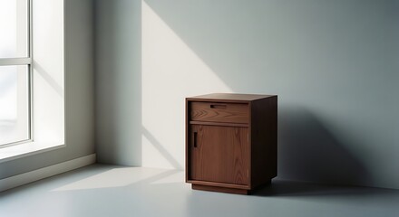 Minimalist wooden nightstand in a sunlit room corner.