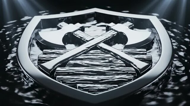 Slow motion reveal of a high-contrast liquid metal emblem featuring crossed axes and logs enclosed within a circular shield outline transformation, monochrome, featuring crossed axes