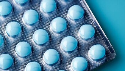 light blue blister pack of round pills