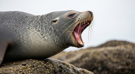 Naklejka premium Yawning sea lion on rocky coastline with water droplets visible and natural ocean background