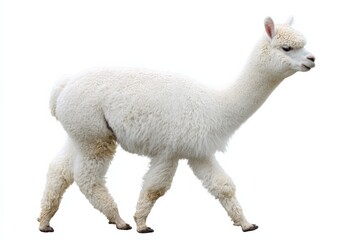 Fototapeta premium White alpaca walking gracefully on plain background
