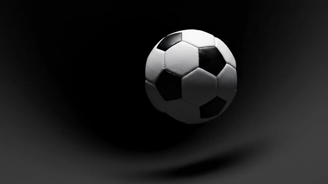 Slow motion rotation of a classic black and white pentagonal soccer ball smoothly orbiting a central expansive matte black negative space void movement, broadcast, overlay