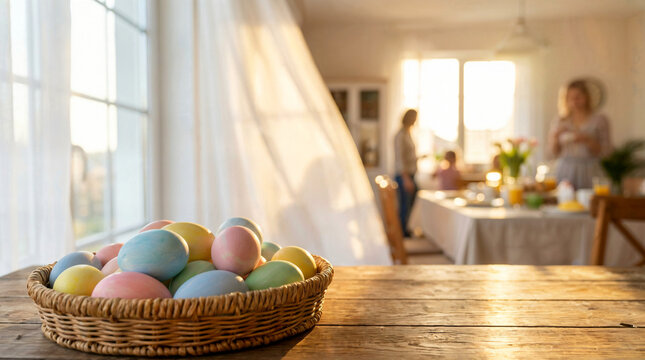 Basket of pastel Easter eggs on wooden table with copy space. Warm family morning and spring home celebration concept