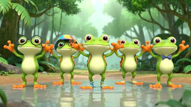 Funny cartoon frogs dancing together in a forest, a lively group ready for a joyful dance
