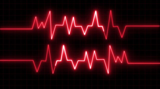 Two Red Neon Heartbeat EKG Lines Displayed on a Dark Grid animated Background electrocardiogram, Lowing red electrocardiogram (ECG) line representing a heartbeat against a grid background