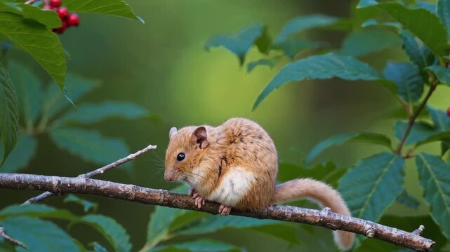 A small hazel dormouse with golden-brown fur sits alertly on a thin branch amidst green summer foliage. The scene is rendered with high detail and soft natural lighting.